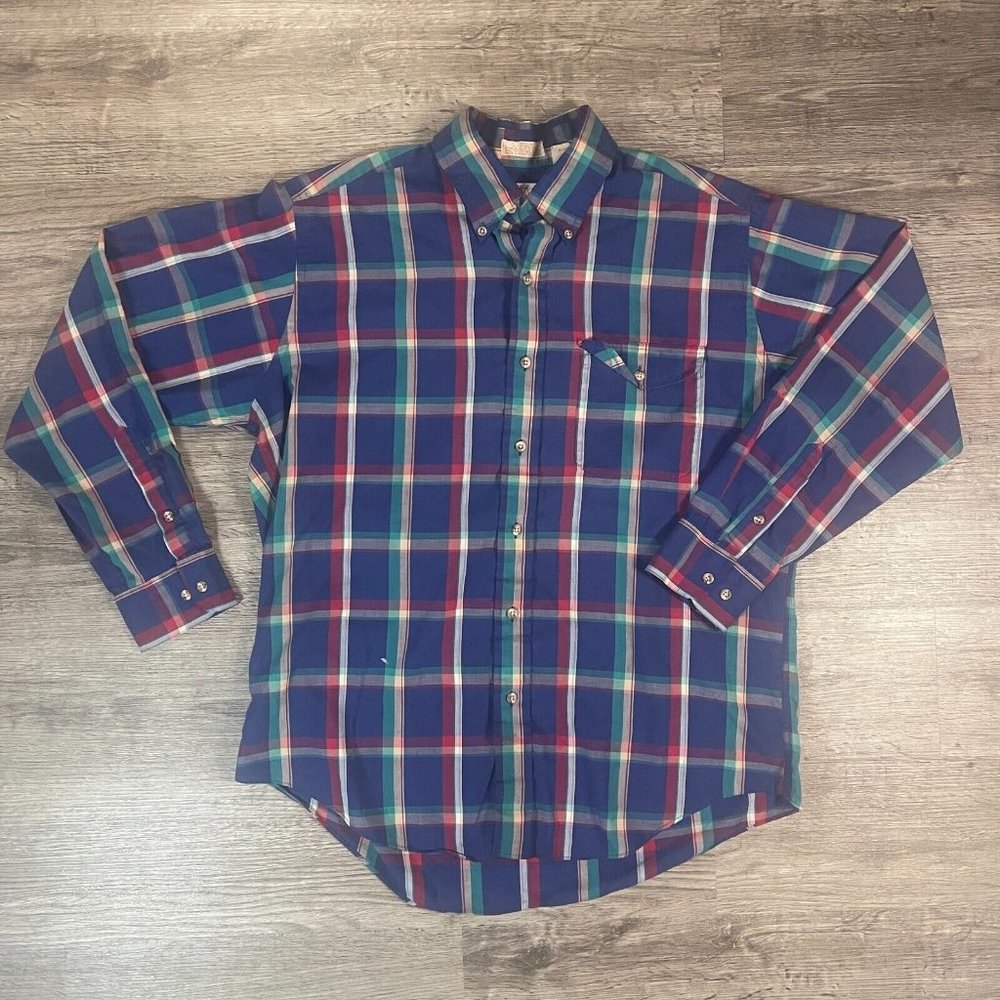 VTG Retro 80s Fox Collection JCPenney Blue Teal Red Plaid L/S Casual Shirt Sz Lg